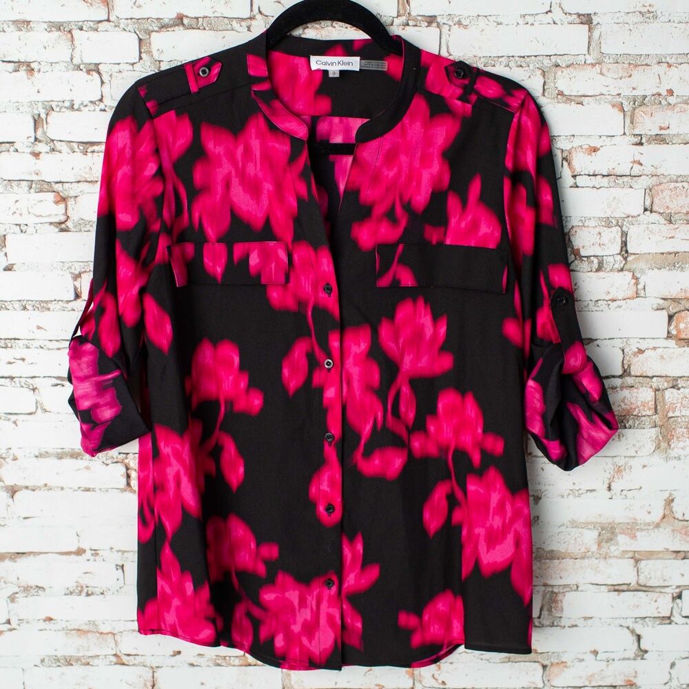 Calvin Klein Women's Small Black Pink Floral Roll Tab Sleeve Button Blouse Shirt